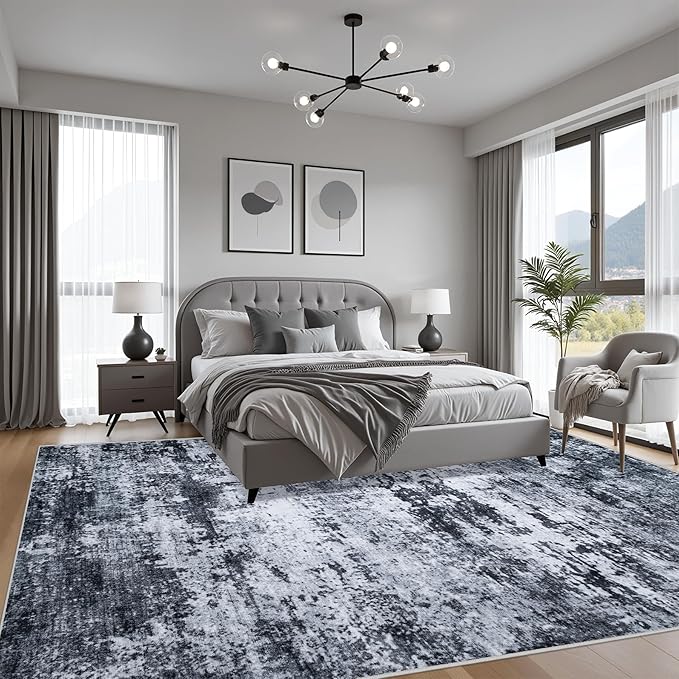 8x10 Area Rug Living Room Rug: Washable Modern Abstract Soft Thin Rug Indoor Floor No Slip Stain Resistant Carpet for Bedroom Dining Room Farmhouse Nursery Home Office - Black
