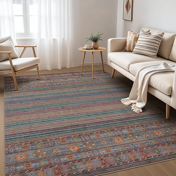 Nakagishi 5X7 Area Rugs Living Room: Washable Large Vintage Rug Neutral Non-Slip Soft Stain Resistant Indoor Carpet for Bedroom Nursery Dining Room Office Playroom - Multi Color