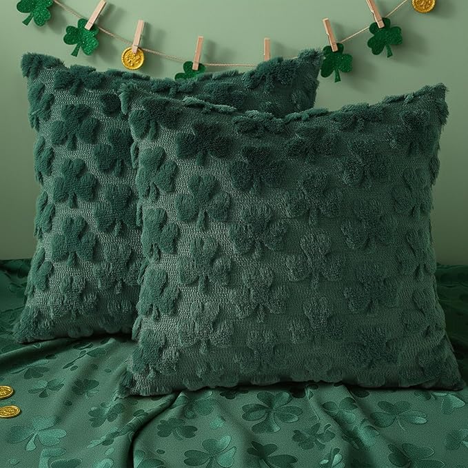 decorUhome St. Patrick’s Day Shamrock Green Pillow Covers 18x18 Inch Set of 2, Soft Plush Faux Wool Throw Pillow Covers, Farmhouse Spring Holiday Decor for Sofa Living Room