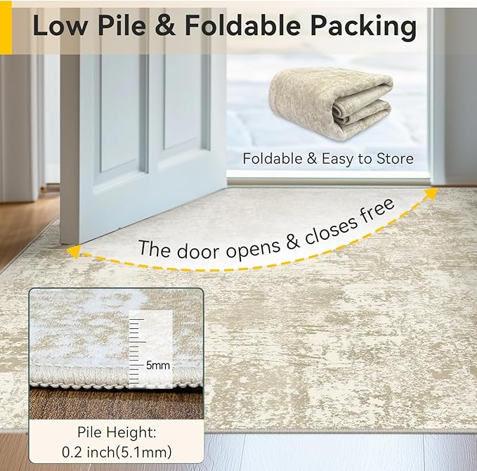 Washable Area Rugs 5'x7' Non-Slip Modern Abstract Soft for Living Room Entryway Bedroom Nursery, Print Pattern, Beige Cream Brown