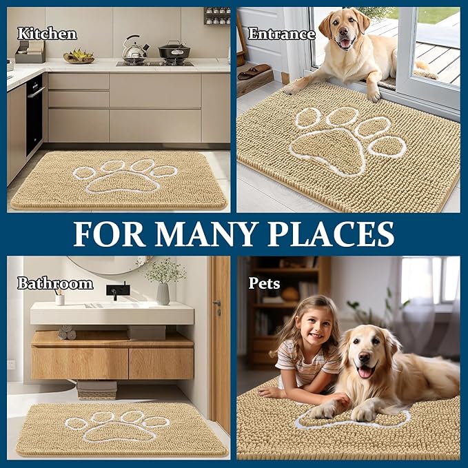 OLANLY Dog Door Mat for Muddy Paws 30x20, Paw Print Design, Absorbs Moisture and Dirt, Absorbent Non-Slip Washable Doormat, Quick Dry Chenille Mud Mat for Dogs, Entry Indoor Entryway Carpet, Beige