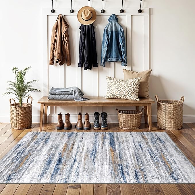 3x5 Area Rug Non-Slip: Washable Rugs for Hallway Entryway Kitchen Living Room Bedroom - Easy-to-Clean Stain and Water Resistant Carpet - Soft Low-Pile Throw Mat Navy Grey