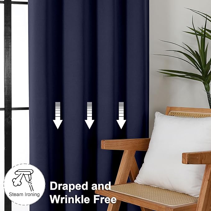Simplebrand Ava Navy Blue Blackout Extra Long 10ft Curtains for Patio 120 Inches Long 2 Panels Set, Solid Thermal Insulated Energy Saving Rod Pocket Window Treatment Curtains Blackout Drapes, 50Wx120L