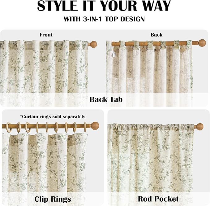 Lazzzy Green Floral Linen Curtains 90 Inch Farmhouse Back Tab Drapes for Living Room Bedroom Light Filtering Vintage Grandmillennial Rod Pocket Curtains, 2 Panels, W38 x L90, Green on Beige
