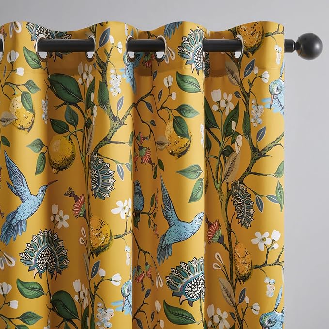 Topfinel 105 Inches Long Mustard Yellow Luxury Curtains for Living Room Bedroom, Blackout Vintage Art Deco Victorian Curtains Floral Lemon Hummingbird Printed Grommet Drape 105 Inch Length