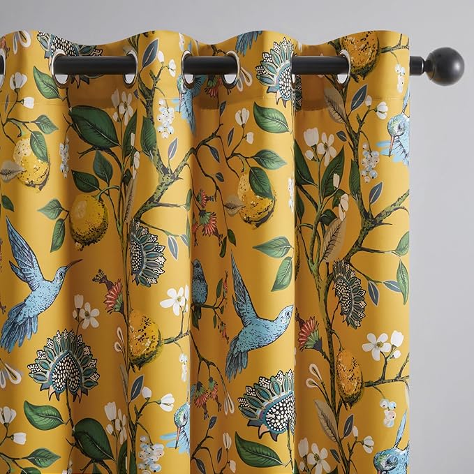 Topfinel Kitchen Curtains 45 Inch Length Mustard Yellow Vintage Blackout Curtains for Cafe Kitchen, Short Grommet Luxury Whimsical Floral Hummingbird Patterned 45 Inches Long for Living Room Bedroom