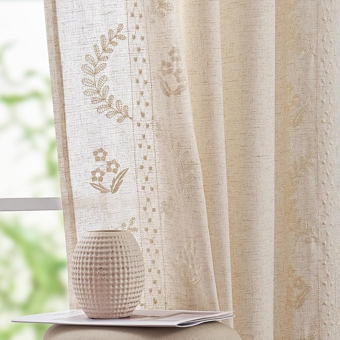 jinchan Belrose 4 Panel Curtains Set 84 Inch Length Floral Curtains Ivory Embroidered Drapes Farmhouse Flower Patterned Drapes for Living Room Bedroom Window Treatments