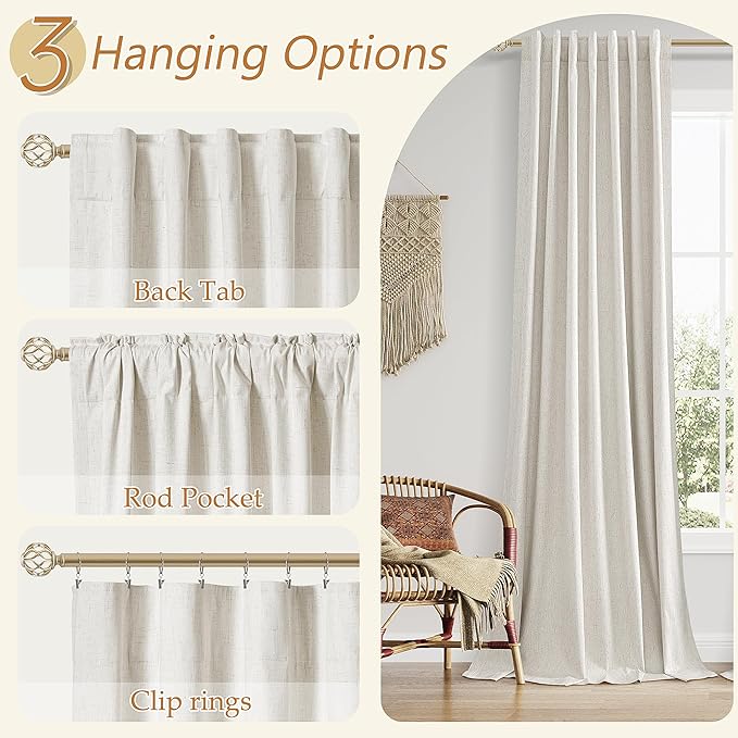 Guken 100% Blackout Boho 96 Inches Long Natural Linen Curtains Floor to Ceiling Drapes for Living Room Winter Thermal Insulated Room Darkening Black Out Sliding Barn Door Curtain, 52x96