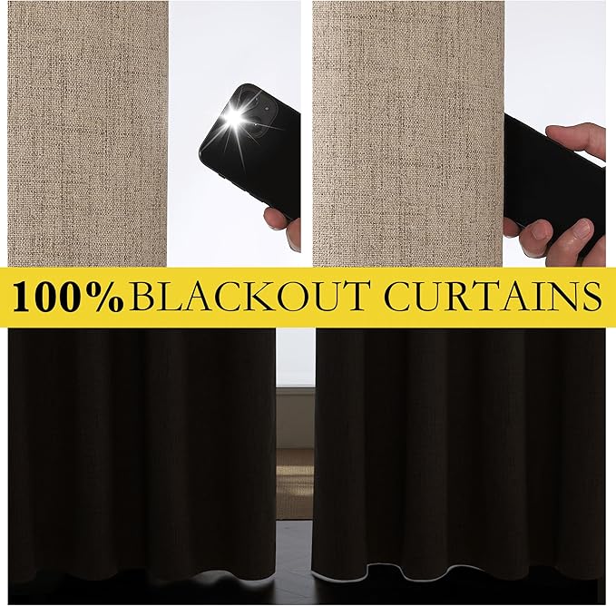 NICETOWN Burlap Vintage Open Linen Weave Flax Thermal Curtains, 100% Blackout Curtains 90" Long for Dining Room, Soundproof Window Treatment Drapes for Home Office, 62" Wide Per Panel, Set of 2