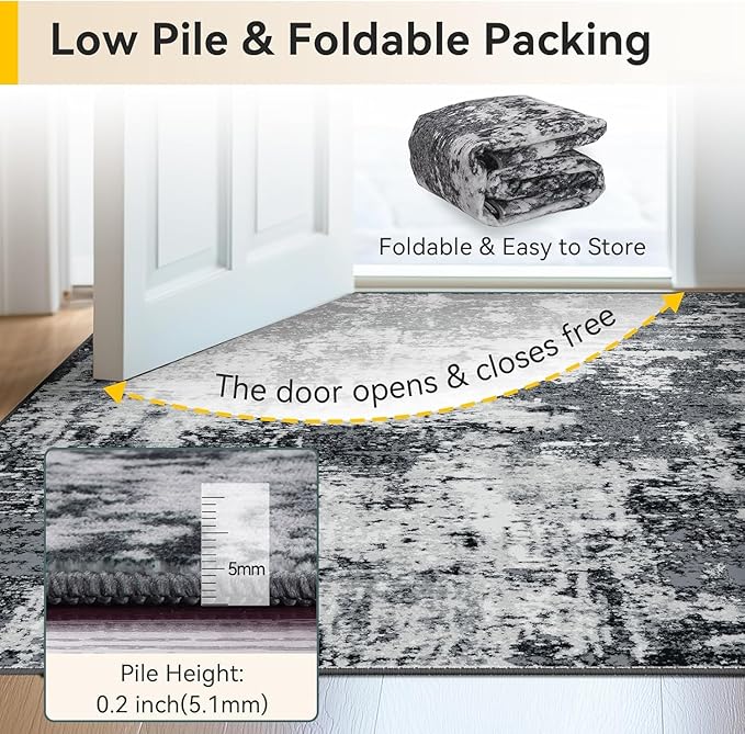 Washable Area Rugs 2'x5' Non-Slip Modern Abstract Soft for Living Room Entryway Bedroom Nursery, Print Pattern, Black Navy Blue Gray