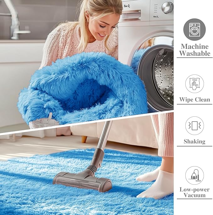 OLANLY 3x5 Machine Washable Small Bedside Rug, Soft Fluffy Shaggy Rugs for Living Room, Bedroom, Indoor Floor Carpet for Kids Girls and Boys, Preppy Dorms, Nursery, Home Decor Aesthetic, Bright Blue