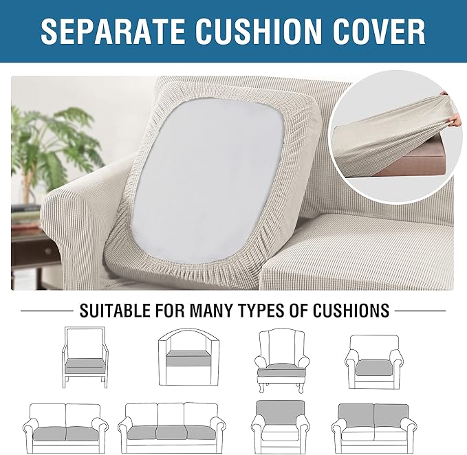 H.VERSAILTEX 4 Piece Stretch Couch Covers for 3 Cushion Couch Sofa Furniture Slipcovers Feature Upgraded Thicker Jacquard Fabric (Sofa, Ivory)