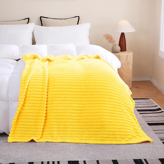 Bright Yellow Fleece Throw Blanket 90”×90” for Couch Sofa Bed,Super Soft Cozy Plush Microfiber Flannel Blanket with Stripes Design Lightweight for Adults,Woman,Girls