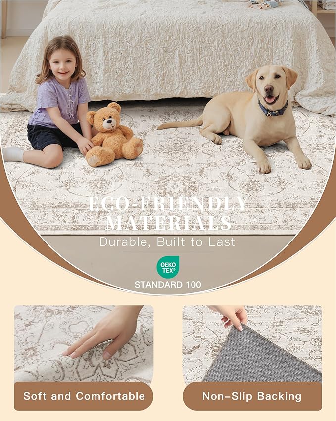 Madane Rug Runner for Hallways 2.5x8, Washable Kitchen Runner Rugs with Non Slip Backing, Soft Floral Print 2'6''x8 Carpet Runners for Laundry Room, Bedroom, Brown/Ivory