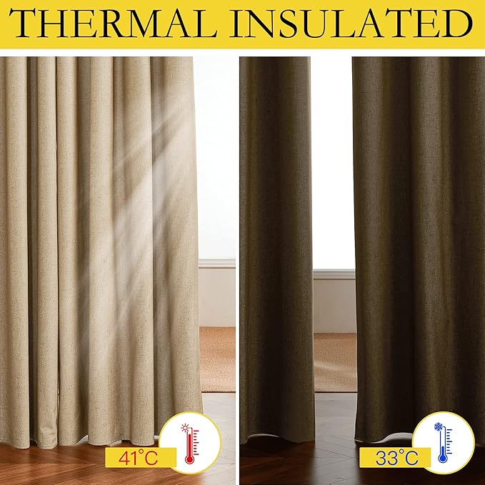 NICETOWN Camel High-End Thermal Flax Linen Curtains, 62" Wide Per Panel, Set of 2, Full Blackout Privacy Drapes 72" Long for Dining Room, Soundproof Window Treatment Panels for Hall Room