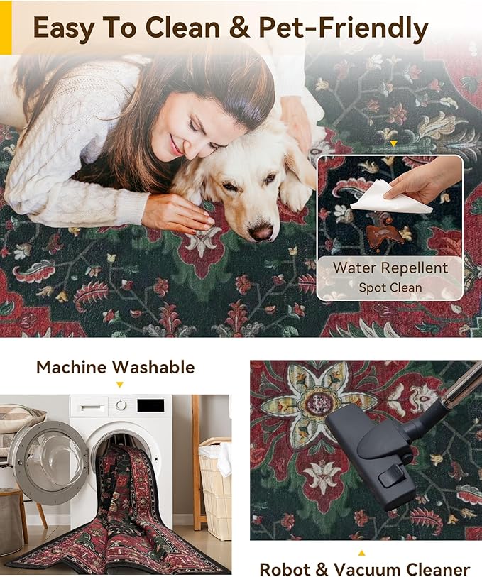 Area Rugs Round 8ft Washable Non-Slip, Floral Vintage Distress Print Pattern Medallion Carpet for Living Room Bedroom Dining Room, Red Black