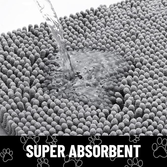 Smiry Dog Door Mat for Muddy Paws, Absorbent Dirt Trapper Non Slip Quick Dry Washable Chenille Mat for Mud Dogs, Entry Rug for Indoor and Outdoor (71x46 Inches, Grey and Black)