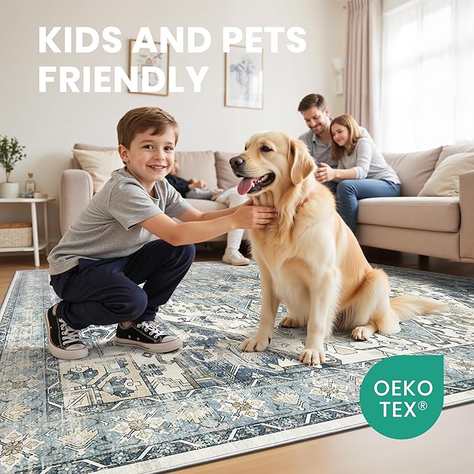 zesthome 9x12 Area Rugs-Washable Rug for Living Room, Non-Slip Backing Rugs, Stain Resistant 9x12 Rug for Bedroom, Ultra-Thin Low Pile Rugs, Vintage Large Home Decor