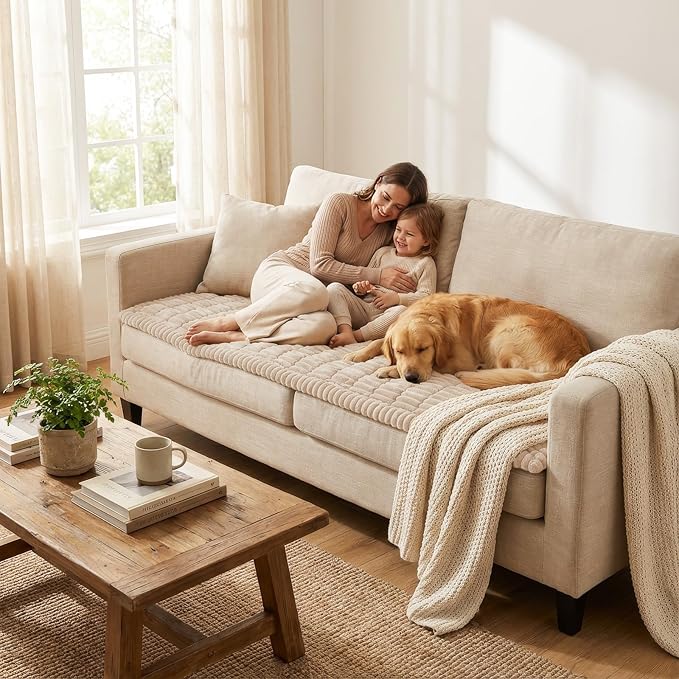 Smiry Couch Cover for Dogs Washable, Non Slip Fuzzy Pet Couch Covers for 3 Cushion Sofa Pet Friendly, Thick Soft Sofa Slipcovers Cushion Protector (Apricot, 27.6" x 82.7")