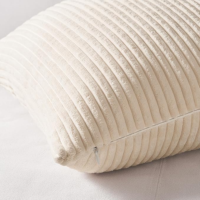 Topfinel 4 Packs Neutral Decorative Throw Pillows Covers 22x22 Inch for Living Room Couch Bed Sofa, Rustic Farmhouse Boho Neutral Home Decor, Soft Plush Striped Corduroy Square Cushion Case 55x55 cm