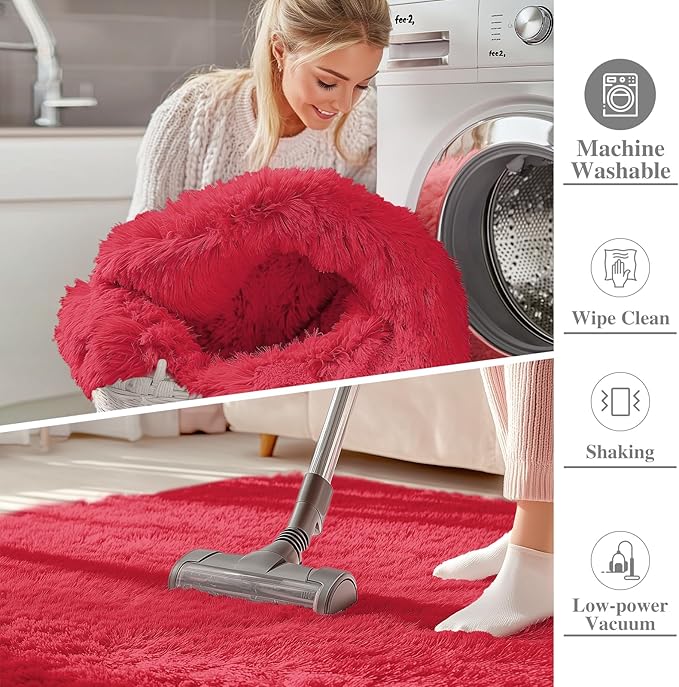 OLANLY 6x9 Machine Washable Large Area Rugs for Living Room, Bedroom, Soft Fluffy Shaggy Bedside Rug, Indoor Floor Carpet for Kids Girls and Boys, Dorms, Nursery, Home Decor Aesthetic, Red