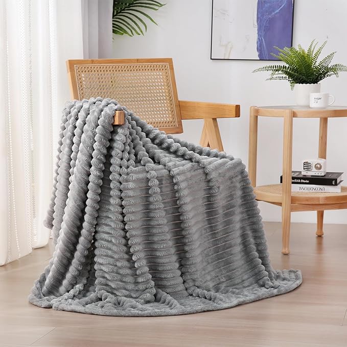 Grey Fleece Throw Blanket 50”×60” for Couch Sofa Bed,Super Soft Cozy Plush Microfiber Flannel Blanket with Stripes Design Lightweight for Adults,Woman,Girls
