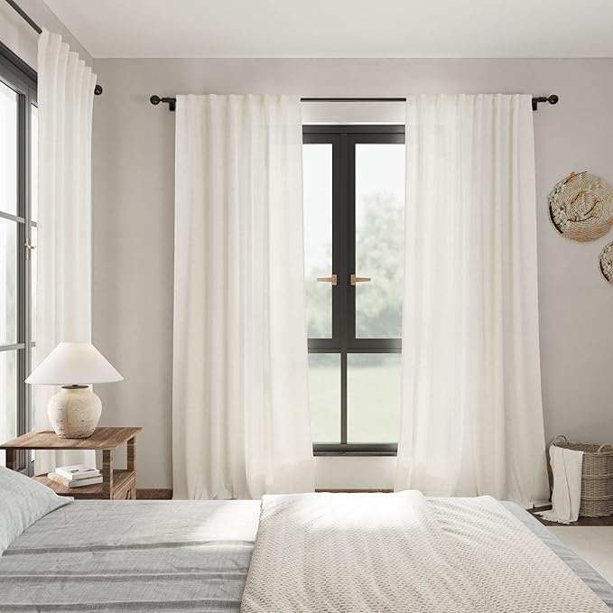 Nanspring Cream Semi Sheer Linen Curtains 88 Inch Length for Living Room Back Tab Rod Pocket Modern Farmhouse Coastal Decor Cotton Textured Gauze Curtains 73 Inches Long for Dining Room Office 52x88