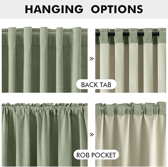 MIULEE 100% Blackout Linen Curtains for Bedroom, Sage Green Solid Luxury Decor Thermal Insulation Room Darkening Drapes for Living Room Nursery Back Tab Rod Pocket 42 x 96 Inches, 2 Panels