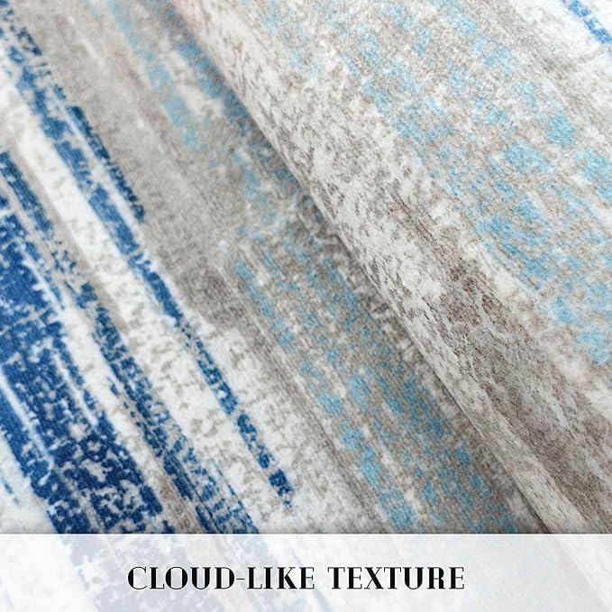 Lansny Modern Abstract Runner Rug 2.6x10, Blue Washable Long Kitchen Runner Non-Slip Soft Hallway Rug Runner Thin Print Faux Wool Carpet for Entryway Bedroom Laundry Room Indoor Home Decor