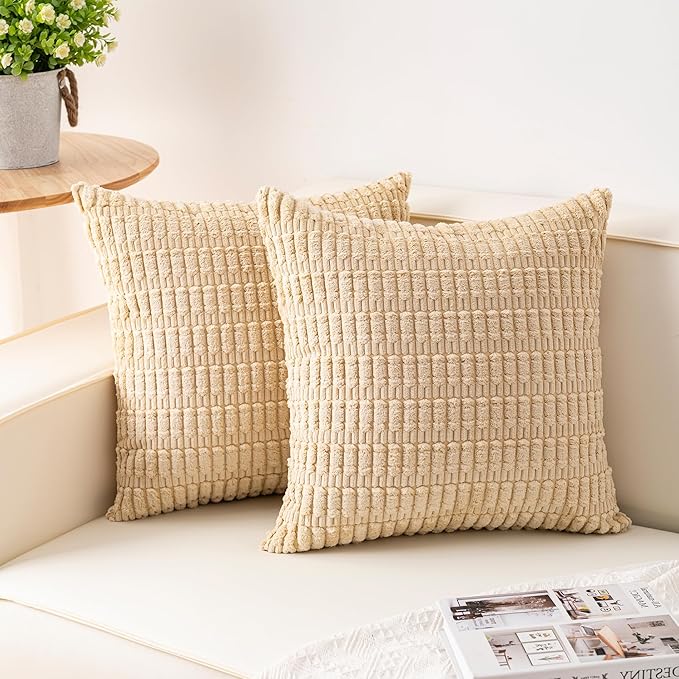 Pack of 2 Corduroy Decorative Throw Pillow Covers 20x20 InchSoft Boho Striped Pillow Covers Modern Farmhouse Home Decor for Sofa Living Room Couch Bed（Beige）