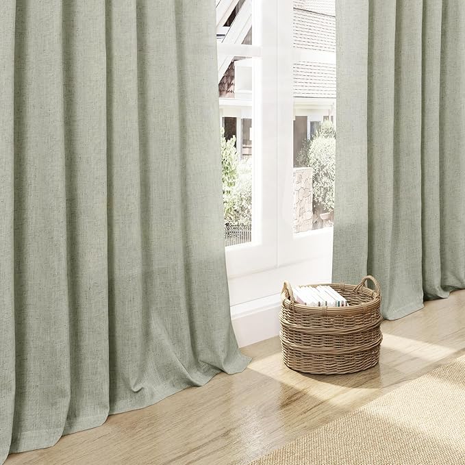 Nanspring Sage Green Curtains 80 Inches Length for Living Room Back Tab Rod Pocket Semi Sheer Linen Drapes Muted Neutral Boho Pale Green Linen Textured Window Curtain for Dining Room 52X80 Inch