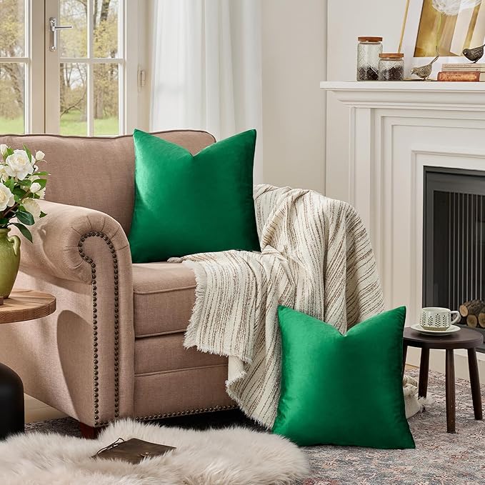 GIGIZAZA Decorative Throw Pillow Covers 20 x 20, Set of 2 Forest Green Soft Pillow Covers Velvet,Christmas Decor Square Cushion Covers