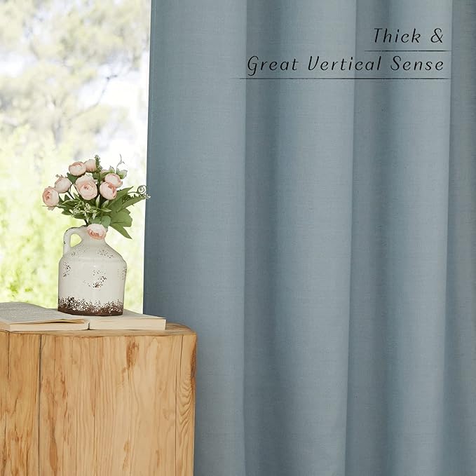 NICETOWN Flax Semi Sheer Stone Blue Linen Curtains for Living Room, Grommet Vertical Drapes Thick Linen Curtains Privacy Added with Light Filtering for Villa/Bedroom, W55 x L96, 1 Pair