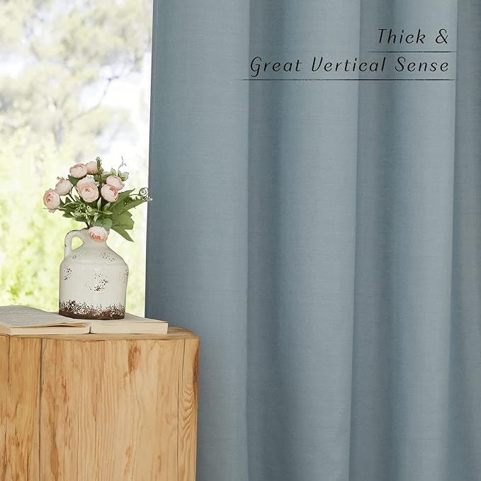 NICETOWN Linen Flax Semi Sheer Curtains 94" Length, Grommet Window Treatments Privacy Added with Light Penetration Vertical Drapes for Loft/Home Office, Stone Blue, W55 x L94, 2 Panels