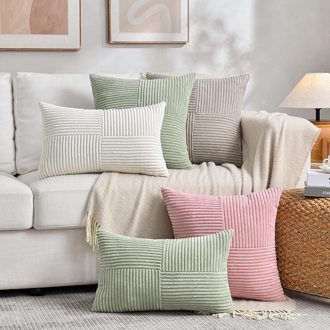 Fancy Homi 2 Packs Blush Pink Decorative Throw Pillow Covers 18x18 Inch for Living Room Couch Bed, Rustic Farmhouse Boho Home Decor, Soft Corss Corduroy Patchwork Textured Square Cushion Case 45x45 cm