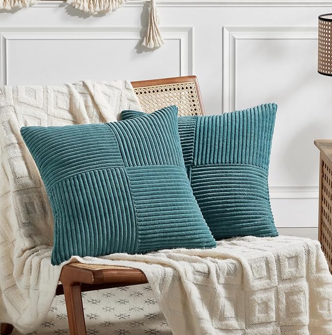 Fancy Homi 2 Packs Teal Decorative Throw Pillow Covers 16x16 Inch for Living Room Couch Bed Sofa, Rustic Farmhouse Boho Home Decor, Soft Corss Patchwork Corduroy Textured Square Cushion Case 40x40 cm