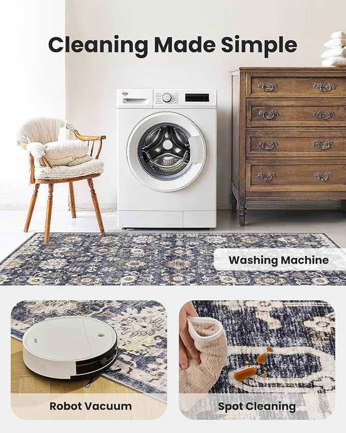 AMADA HOMEFURNISHING 2x4 Washable Area Rug, Low-Profile Entryway Rug with Non-Slip Backing & Durable Edge Binding, Vintage Rug Pattern, Small Rugs for Entryway, Kitchen & Living Room