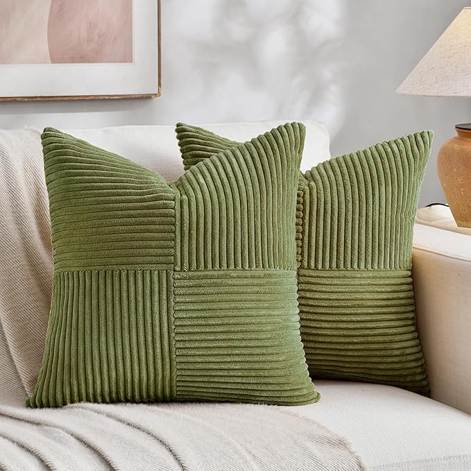 Fancy Homi 2 Packs Moss Green Decorative Throw Pillow Covers 16x16 Inch for Living Room Couch Bed, Rustic Farmhouse Boho Home Decor, Soft Corss Patchwork Corduroy Textured Square Cushion Case 40x40 cm