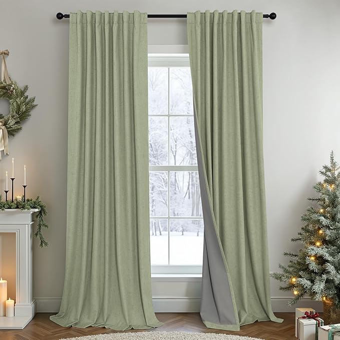 Sage Green Room Darkening Curtains for Bedroom 108 Inch Extra Long 2 Panels Black Out Dark Academia Decor Linen Textured Blocking Light Sage Blackout Curtains for Large Window Ceiling to Floor Length