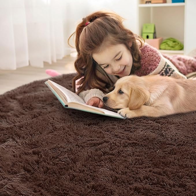 OLANLY Coffee Round Rugs for Bedroom - Machine Washable, 2 ft Circle Area Rugs for Living Room, Soft and Fluffy Shaggy Carpet for Teen Girls and Boys, Nursery Rooms, Dorms, Home Decor Aesthetic