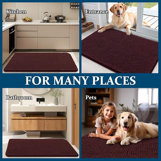 OLANLY Dog Door Mat for Muddy Paws 50x30, Absorbs Moisture and Dirt, Absorbent Non-Slip Washable Doormat, Quick Dry Chenille Mud Mat for Dogs, Entry Indoor Entryway Carpet for Inside Floor, Russet