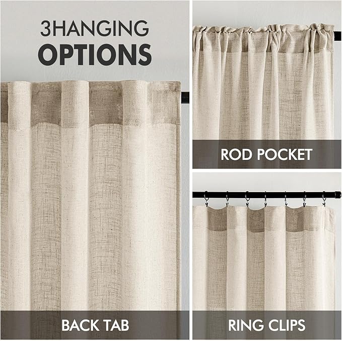 MIULEE Beige Linen Curtains 54 Inch Length 2 Panels for Bedroom Living Room, Soft Linen Textured Window Drapes Semi Sheer Light Filtering Back Tab Rod Pocket Farmhouse Modern Burlap Look Decor