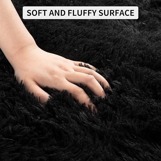 Tepook Super Soft Fluffy Rug for Bedroom, Modern Shaggy Fuzzy Kids Rugs for Living Room, Plush Indoor Nursery Home Decor Dorm Carpet with Non-Slip Bottom, Black, 5 X 8 Feet