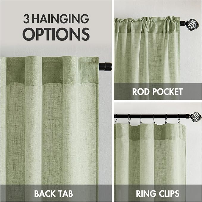 MIULEE Sage Green Linen Curtains 120 Inches Long for Bedroom Living Room, Soft Thick Linen Textured Window Drapes Semi Sheer Light Filtering Back Tab Rod Pocket Burlap Look Decor, 2 Panels 10 Ft