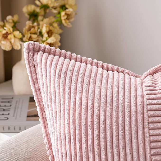 MIULEE Spring Decorative Throw Pillow Covers for Couch Bed Livingroom 18x18 Inch Set of 2 Pink Boho Accent Throw Pllows Broadside Striped Patchwork Soft Corduroy Pillowcases Valentine Decor