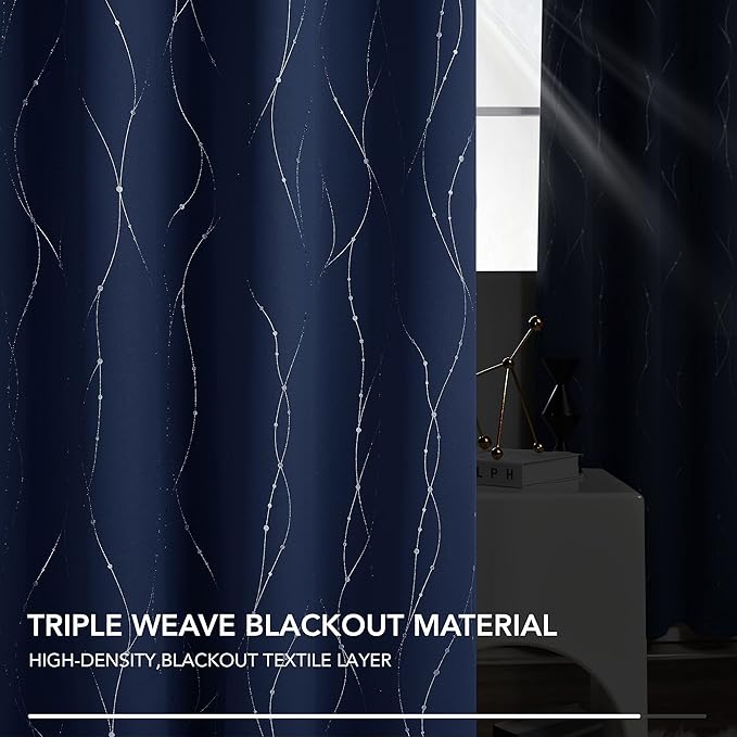 Deconovo Short Kitchen Curtains, Navy Blue Blakcout Curtain 38 x 36 Inch, Thermal Insulated Soundproof Drapes with Silver Wave Dots Prit, Grommet Top, Machine Washable for Nursery Bedroom Living Room