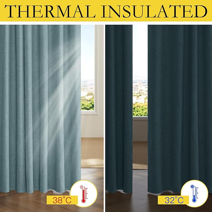 NICETOWN 100% Absolutely Blackout Linen Curtains with Thermal Insulated White Liner, Skylark Blue, 52 inches Wide, 48 inches Length Energy Saving Curtains for Cafe 2 Panels Set, Vertical Blinds