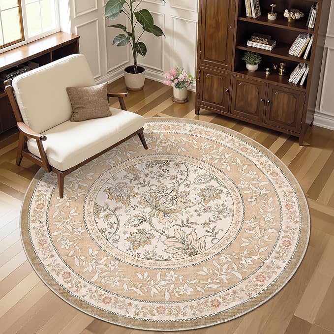 GarveeHome Pinkish Brown Botanical Grove 4ft Round Rug, Small Circle Vintage Cottagecore Soft Low-Pile Non-Slip Washable Rugs for Living Room Bedroom Nursery Kitchen Retro Carpet