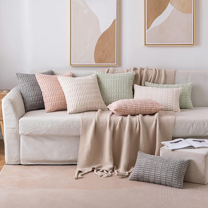 MIULEE Pack of 2 Corduroy Decorative Lumbar Throw Pillow Covers 24x14 Inch Soft Boho Striped Pillow Covers Modern Farmhouse Home Decor for Sofa Living Room Couch Bed Cream White