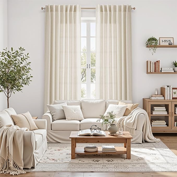 Nanspring 108 Inch Long Curtains for Living Room Birch Beige Linen Modern Farmhouse Decor Light Filtering Semi Sheer Curtain Back Tab Luxury Floor to Ceiling High Window for Bedroom 52x108, 2 Panels
